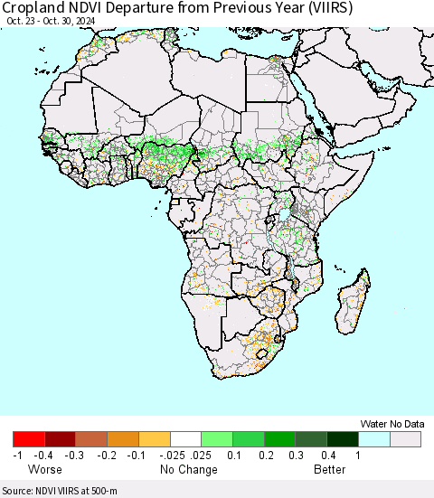 Africa Cropland NDVI Departure from Previous Year (VIIRS) Thematic Map For 10/23/2024 - 10/30/2024