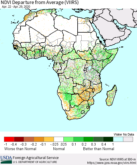 Africa NDVI Departure from Average (VIIRS) Thematic Map For 4/21/2020 - 4/30/2020