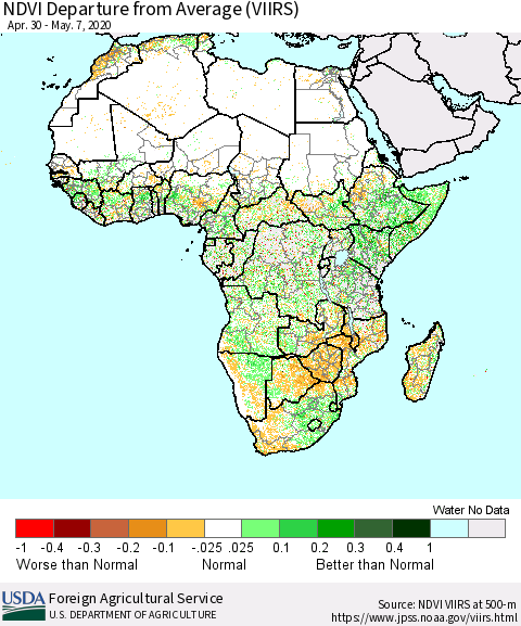 Africa NDVI Departure from Average (VIIRS) Thematic Map For 5/1/2020 - 5/10/2020