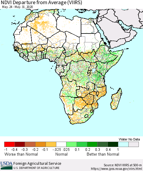 Africa NDVI Departure from Average (VIIRS) Thematic Map For 5/21/2020 - 5/31/2020