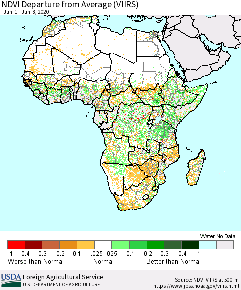 Africa NDVI Departure from Average (VIIRS) Thematic Map For 6/1/2020 - 6/10/2020
