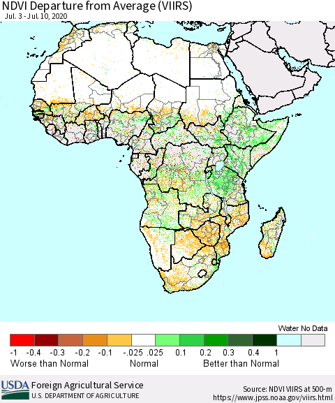 Africa NDVI Departure from Average (VIIRS) Thematic Map For 7/1/2020 - 7/10/2020