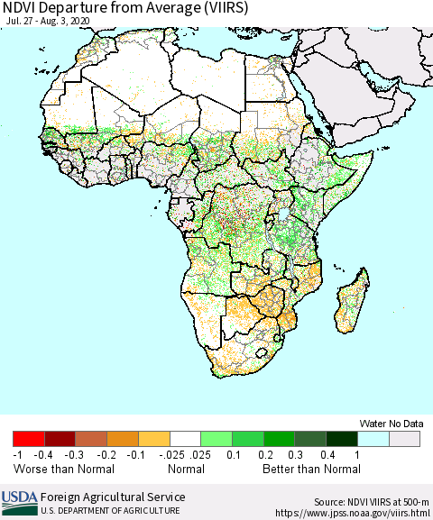 Africa NDVI Departure from Average (VIIRS) Thematic Map For 8/1/2020 - 8/10/2020