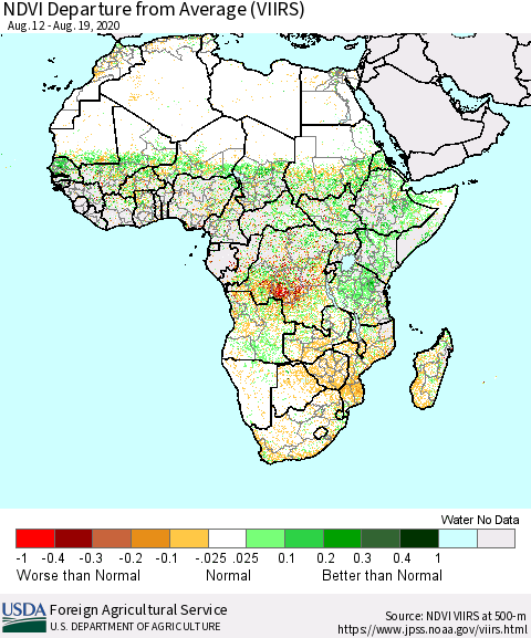 Africa NDVI Departure from Average (VIIRS) Thematic Map For 8/11/2020 - 8/20/2020