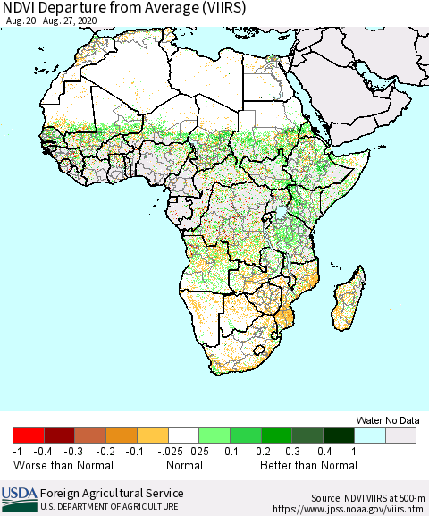 Africa NDVI Departure from Average (VIIRS) Thematic Map For 8/21/2020 - 8/31/2020