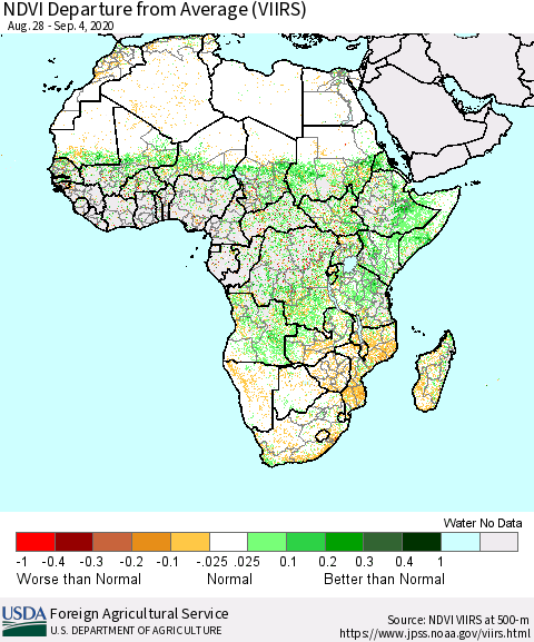 Africa NDVI Departure from Average (VIIRS) Thematic Map For 9/1/2020 - 9/10/2020