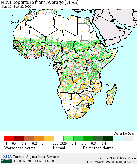 Africa NDVI Departure from Average (VIIRS) Thematic Map For 9/11/2020 - 9/20/2020