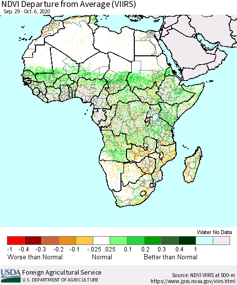 Africa NDVI Departure from Average (VIIRS) Thematic Map For 10/1/2020 - 10/10/2020
