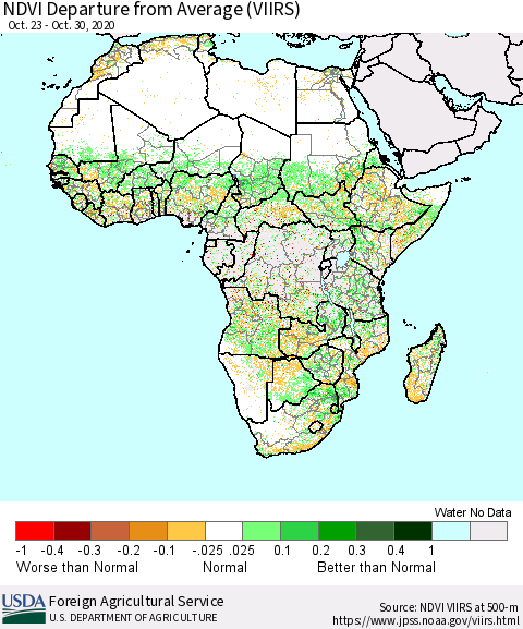 Africa NDVI Departure from Average (VIIRS) Thematic Map For 10/21/2020 - 10/31/2020