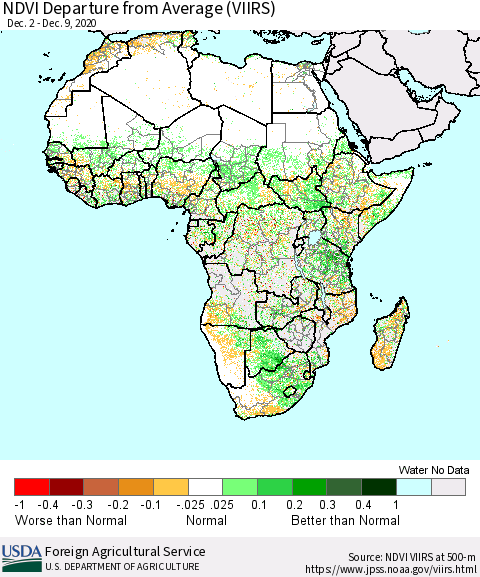 Africa NDVI Departure from Average (VIIRS) Thematic Map For 12/1/2020 - 12/10/2020