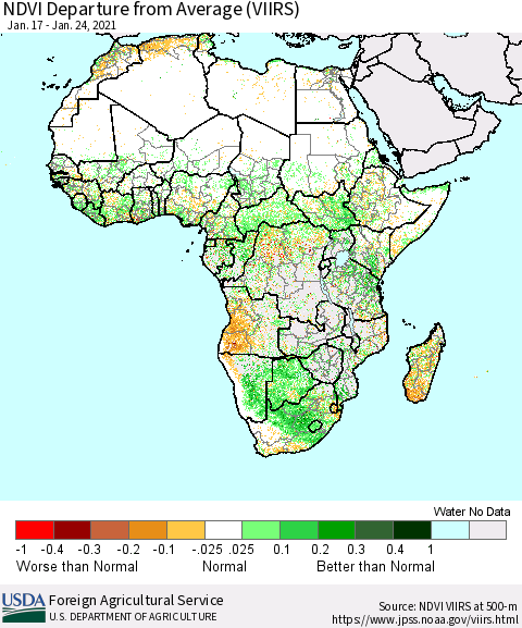 Africa NDVI Departure from Average (VIIRS) Thematic Map For 1/21/2021 - 1/31/2021
