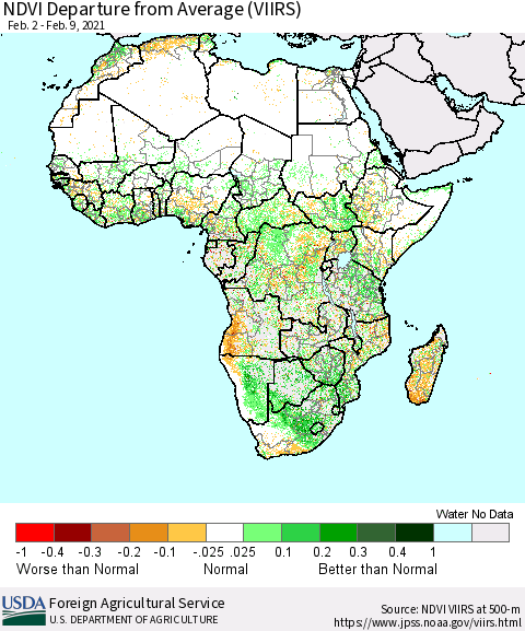 Africa NDVI Departure from Average (VIIRS) Thematic Map For 2/1/2021 - 2/10/2021