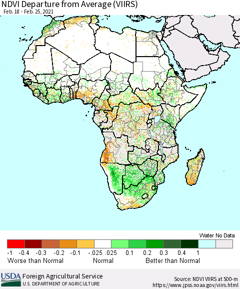 Africa NDVI Departure from Average (VIIRS) Thematic Map For 2/21/2021 - 2/28/2021