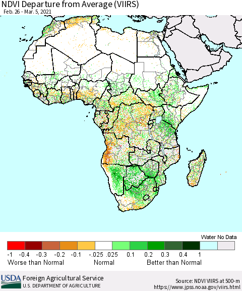 Africa NDVI Departure from Average (VIIRS) Thematic Map For 3/1/2021 - 3/10/2021