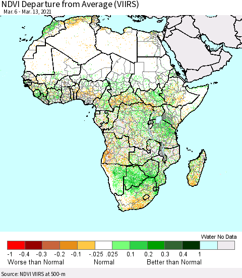 Africa NDVI Departure from Average (VIIRS) Thematic Map For 3/6/2021 - 3/13/2021