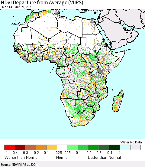 Africa NDVI Departure from Average (VIIRS) Thematic Map For 3/14/2021 - 3/21/2021