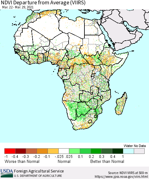 Africa NDVI Departure from Average (VIIRS) Thematic Map For 3/21/2021 - 3/31/2021