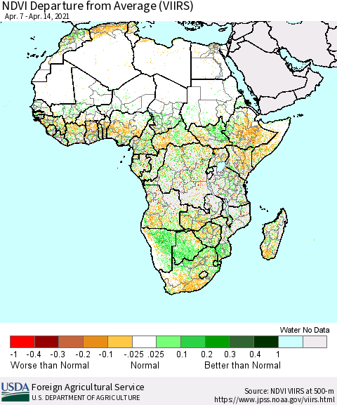 Africa NDVI Departure from Average (VIIRS) Thematic Map For 4/11/2021 - 4/20/2021