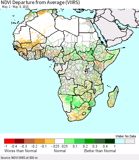Africa NDVI Departure from Average (VIIRS) Thematic Map For 5/1/2021 - 5/8/2021