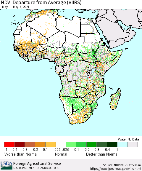 Africa NDVI Departure from Average (VIIRS) Thematic Map For 5/1/2021 - 5/10/2021