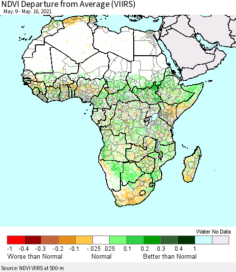 Africa NDVI Departure from Average (VIIRS) Thematic Map For 5/9/2021 - 5/16/2021