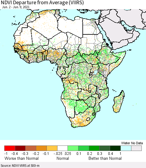 Africa NDVI Departure from Average (VIIRS) Thematic Map For 6/2/2021 - 6/9/2021