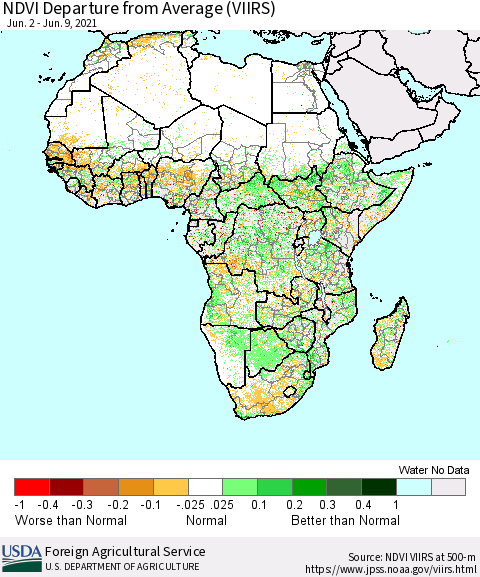 Africa NDVI Departure from Average (VIIRS) Thematic Map For 6/1/2021 - 6/10/2021