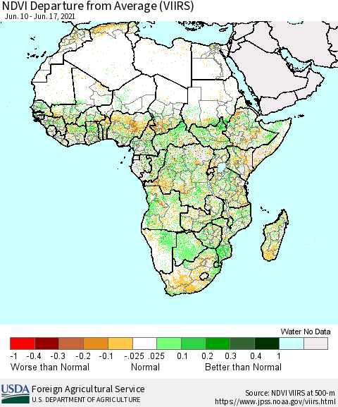 Africa NDVI Departure from Average (VIIRS) Thematic Map For 6/11/2021 - 6/20/2021