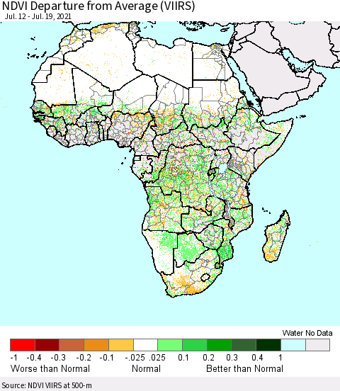 Africa NDVI Departure from Average (VIIRS) Thematic Map For 7/12/2021 - 7/19/2021