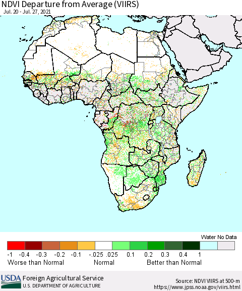 Africa NDVI Departure from Average (VIIRS) Thematic Map For 7/21/2021 - 7/31/2021