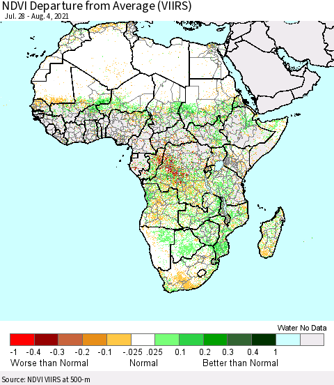 Africa NDVI Departure from Average (VIIRS) Thematic Map For 7/28/2021 - 8/4/2021