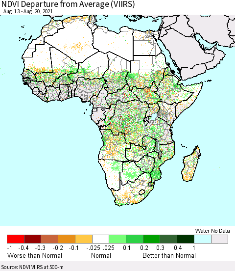 Africa NDVI Departure from Average (VIIRS) Thematic Map For 8/11/2021 - 8/20/2021