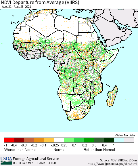 Africa NDVI Departure from Average (VIIRS) Thematic Map For 8/21/2021 - 8/31/2021