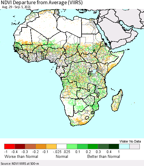 Africa NDVI Departure from Average (VIIRS) Thematic Map For 8/29/2021 - 9/5/2021