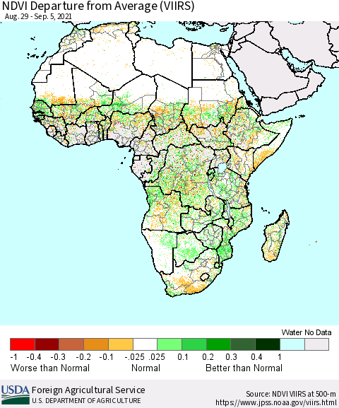 Africa NDVI Departure from Average (VIIRS) Thematic Map For 9/1/2021 - 9/10/2021