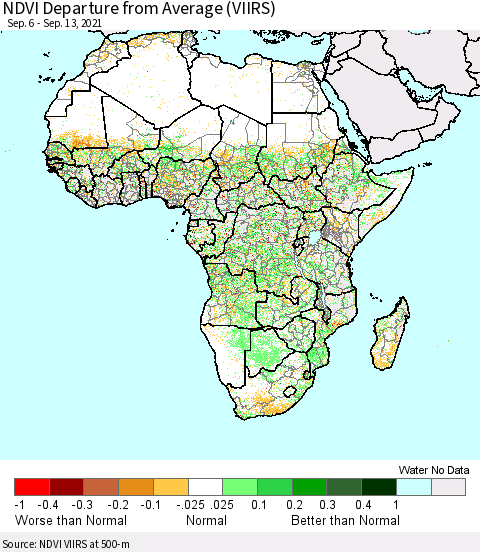 Africa NDVI Departure from Average (VIIRS) Thematic Map For 9/6/2021 - 9/13/2021