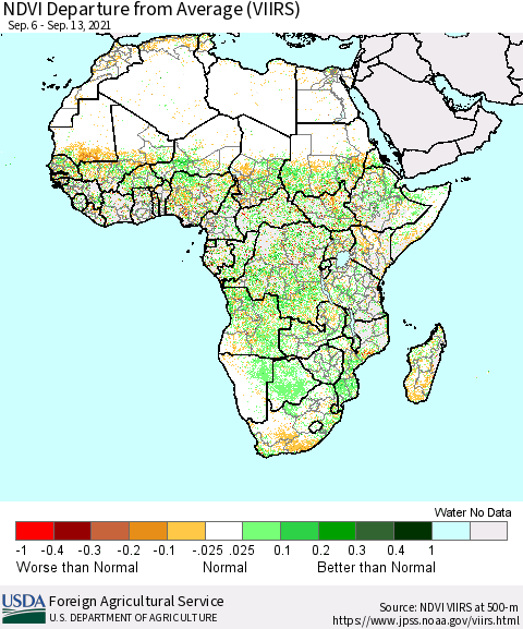 Africa NDVI Departure from Average (VIIRS) Thematic Map For 9/11/2021 - 9/20/2021