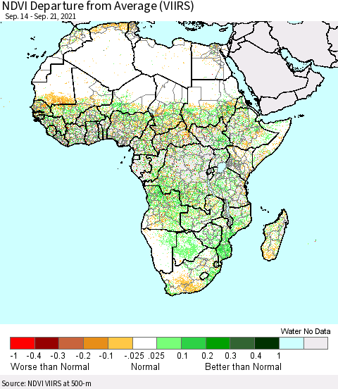 Africa NDVI Departure from Average (VIIRS) Thematic Map For 9/14/2021 - 9/21/2021
