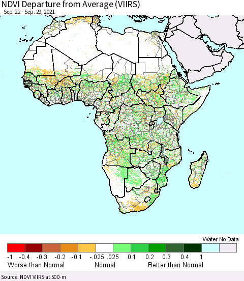 Africa NDVI Departure from Average (VIIRS) Thematic Map For 9/22/2021 - 9/29/2021