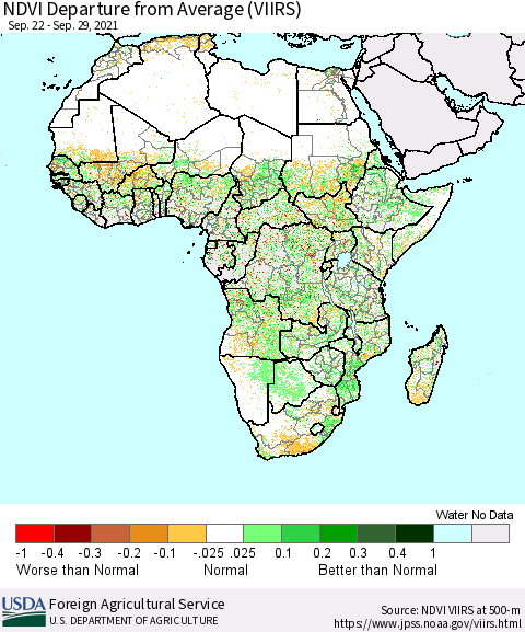 Africa NDVI Departure from Average (VIIRS) Thematic Map For 9/21/2021 - 9/30/2021