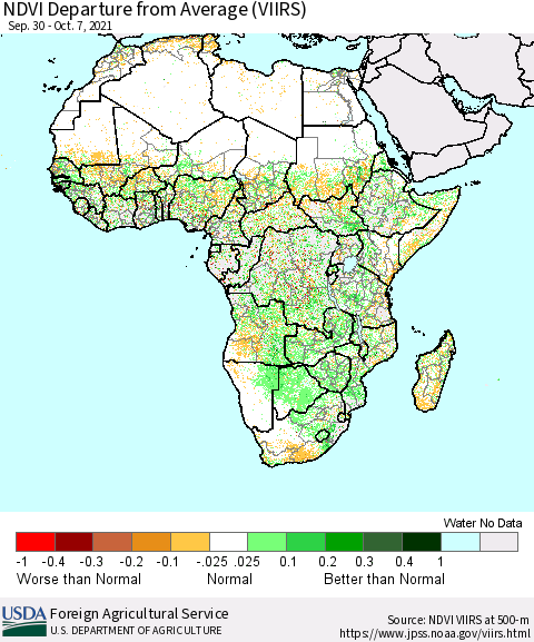 Africa NDVI Departure from Average (VIIRS) Thematic Map For 10/1/2021 - 10/10/2021