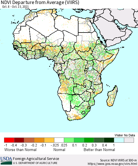Africa NDVI Departure from Average (VIIRS) Thematic Map For 10/11/2021 - 10/20/2021