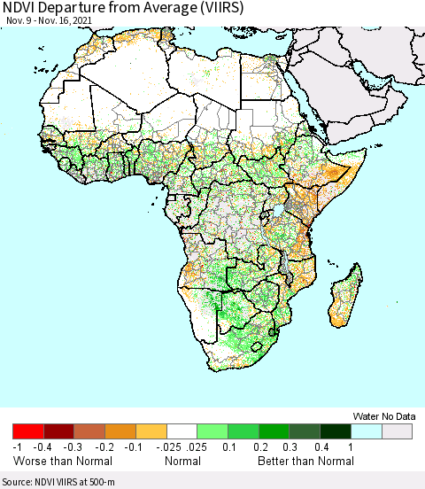 Africa NDVI Departure from Average (VIIRS) Thematic Map For 11/9/2021 - 11/16/2021