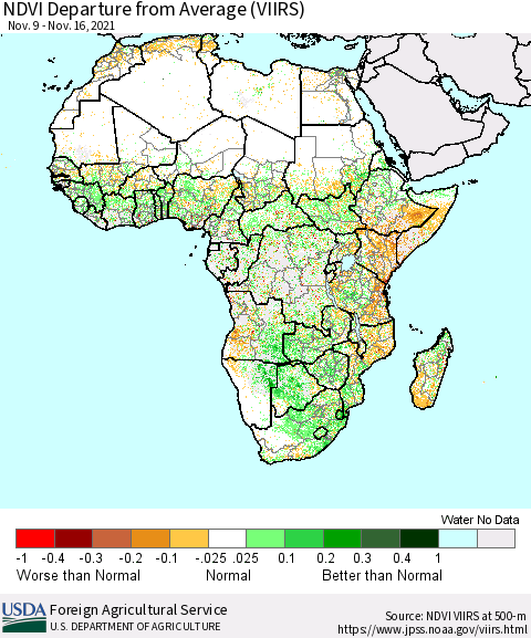 Africa NDVI Departure from Average (VIIRS) Thematic Map For 11/11/2021 - 11/20/2021
