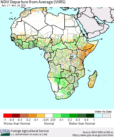 Africa NDVI Departure from Average (VIIRS) Thematic Map For 11/21/2021 - 11/30/2021