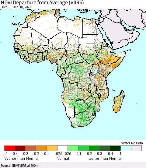 Africa NDVI Departure from Average (VIIRS) Thematic Map For 12/3/2021 - 12/10/2021
