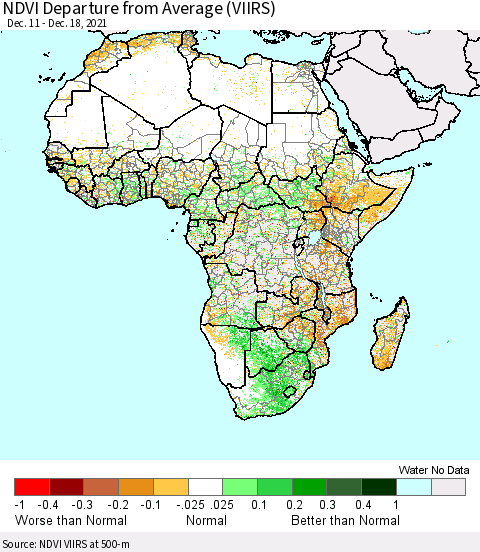 Africa NDVI Departure from Average (VIIRS) Thematic Map For 12/11/2021 - 12/18/2021