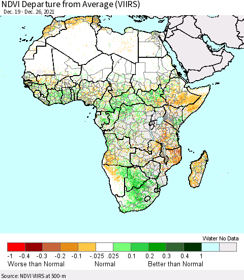 Africa NDVI Departure from Average (VIIRS) Thematic Map For 12/19/2021 - 12/26/2021