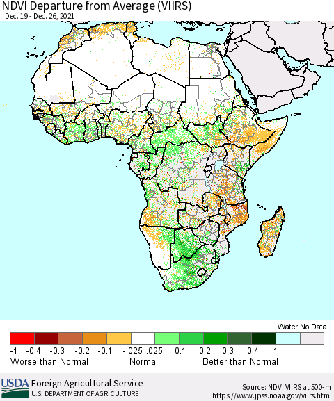 Africa NDVI Departure from Average (VIIRS) Thematic Map For 12/21/2021 - 12/31/2021