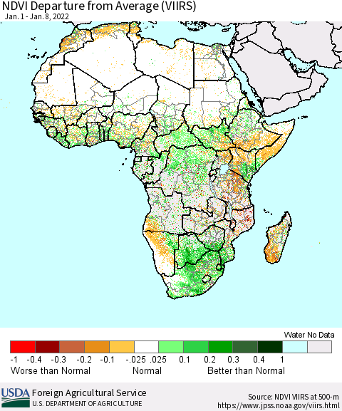 Africa NDVI Departure from Average (VIIRS) Thematic Map For 1/1/2022 - 1/10/2022